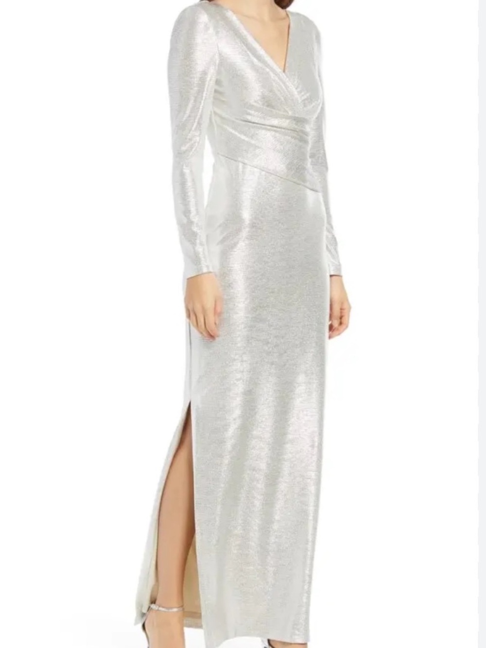 Eliza J Gown Gala dress Faux Wrap Long Sleeve silver metallic Side Slit
